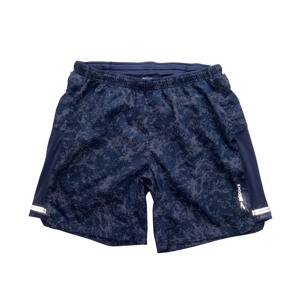 BROOKS Sherpa Running Shorts Mens S Blue Camo Athletic 7 Inseam 211138